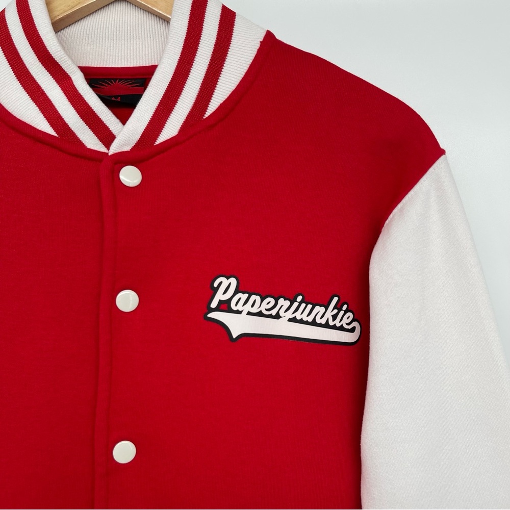 Paperjunkie Varsity Letterman Jacket Men Medium White Red Unisex - Picture 5 of 13